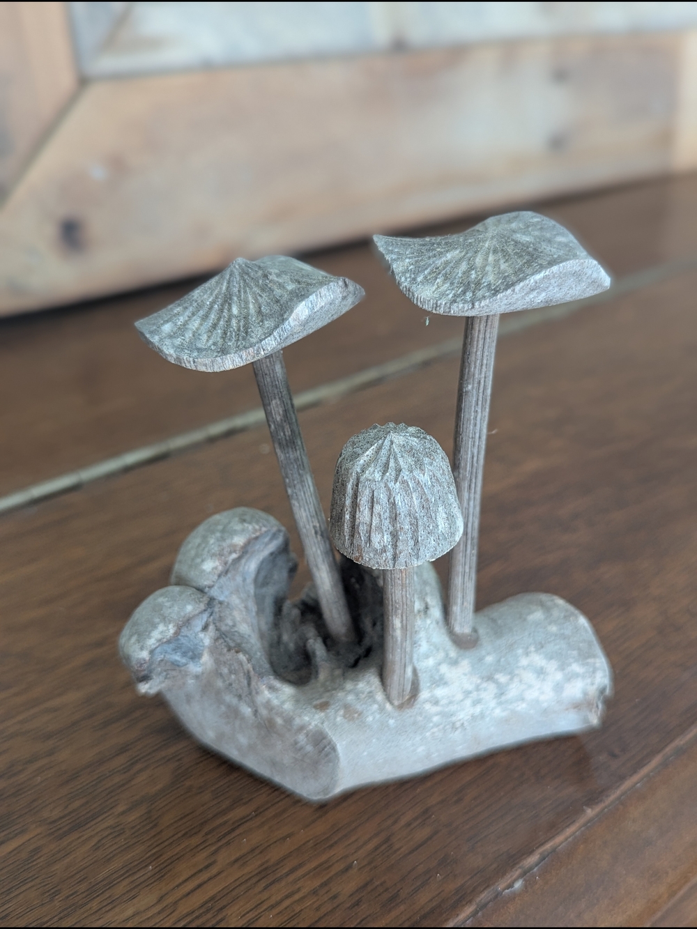 Hand Carved Wood Mushrooms on Driftwood Base – Vintage Folk Art